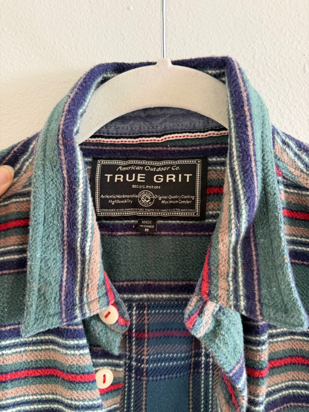 True Grit Men's Green Striped Shirt Jacket with Multicolor Accents - Picture 2 of 3